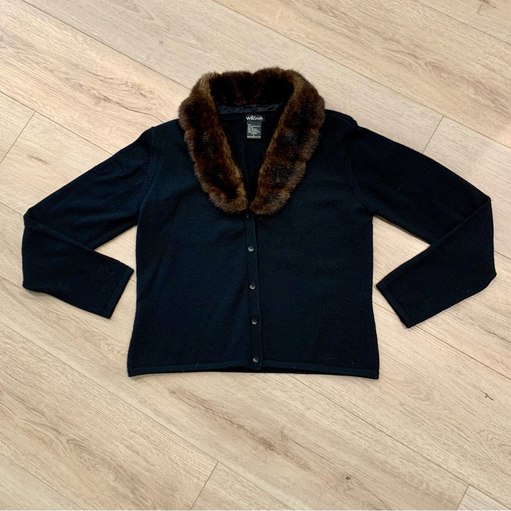 Willi Smith Merino Wool Black Button Down Cardigan Sweater Faux Fur Collar SizeL